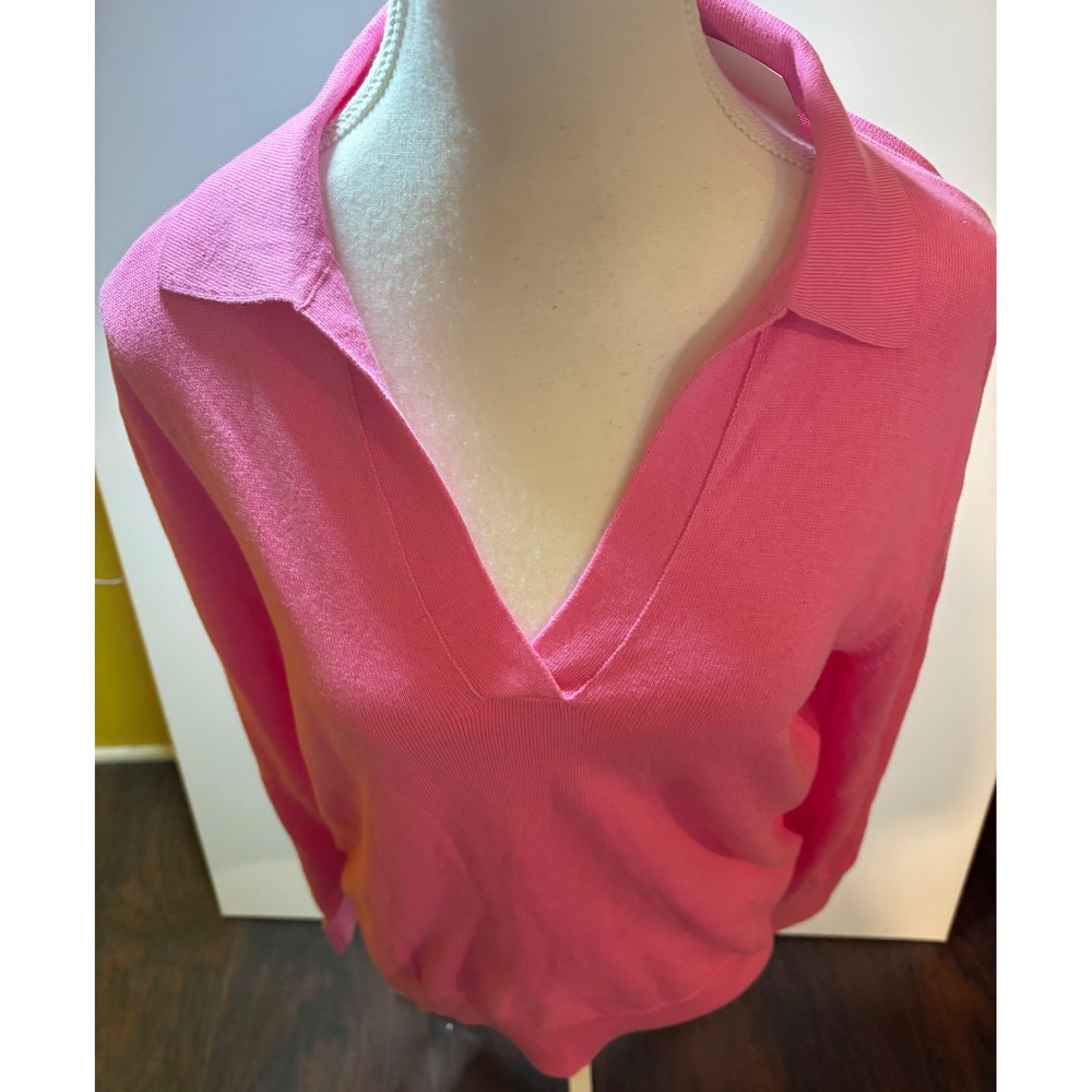 NWT J.Crew Women's Large Pink Long Sleeve Sweater Polo V-Neck Collared Knit